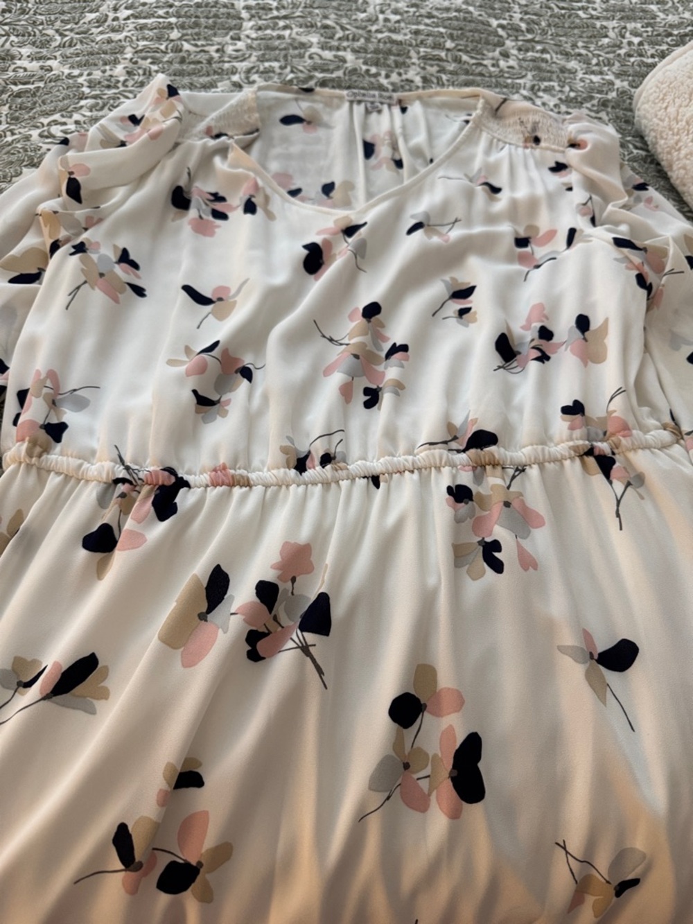 Floral Cold-Shoulder Midi Dress - Soft Blush & Navy Print